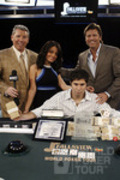 Mike Sexton, Layla Kayleigh, and Vince Van Patten congratulate Scott Clements on his victory in the WPT North American Poker Championship