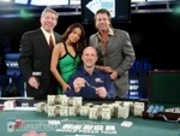Mike Sexton, Layla Kayleigh, and Vince Van Patten pose with WPT Reno winner Lee Markholt