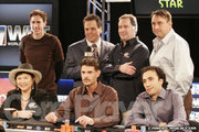 All six players at the Bay 101 Shooting Star final table pose for a photo with tournament director Matt Savage.