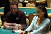 Mike Matusow and Evelyn Ng chat it up during Day 1 action.